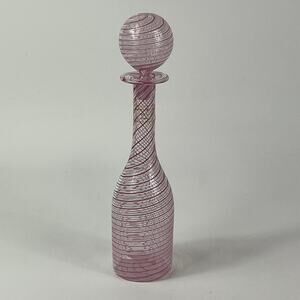 Murano Filigrana Stoppered Vase Mouth Blown White Pink Striped Art Glass Signed